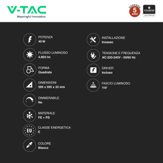 V-Tac VT-61042CCT Pannello LED SMD Quadrato 60x60 40W