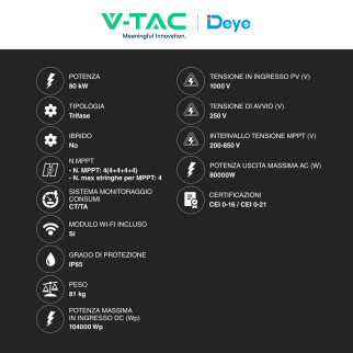 V-Tac Deye Inverter Trifase On-Grid 80kW IP65 CEI 0-21