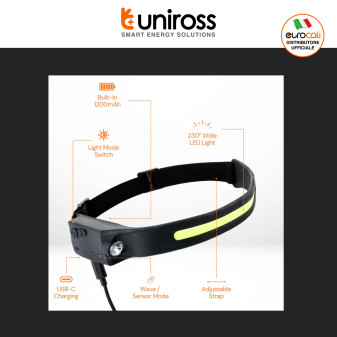 Uniross Torcia Frontale 350lm Ricaricabile Fascia Regolabile LED