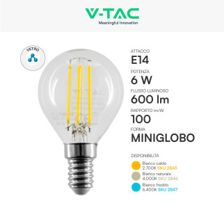 Lampadina LED E14 6W MiniGlobo P45 Filament VT-2466 V-Tac