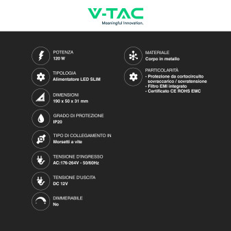 Alimentatore V-Tac VT-20122 120W  Uso Interno a 1 Uscita con