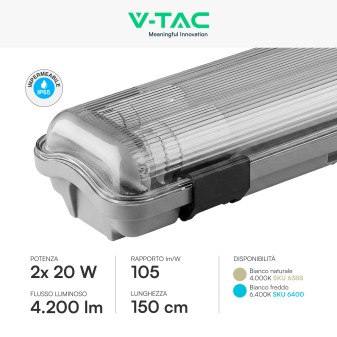 V-Tac VT-15022 Porta Tubi LED IP65 per 2 Tubi T8 G13 da 120cm