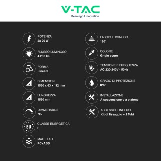 V-Tac VT-15022 Porta Tubi LED IP65 per 2 Tubi T8 G13 da 120cm