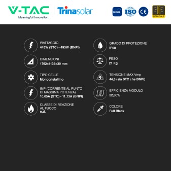 V-Tac Pannelli Fotovoltaici 455W STC 493W BNPI TopCon IP68