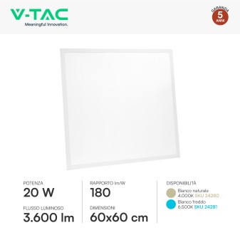 V-Tac VT-61020 Pannello LED Quadrato 60x60 20W SMD a Incasso
