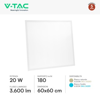 V-Tac VT-61020 Pannello LED Quadrato 60x60 20W SMD a Incasso