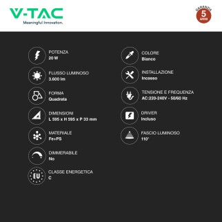 V-Tac VT-61020 10 Pannelli LED Quadrati 60x60 20W SMD a Incasso