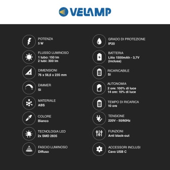 Lampada LED 12W Portatile Luce Emergenza Ricaricabile Velamp