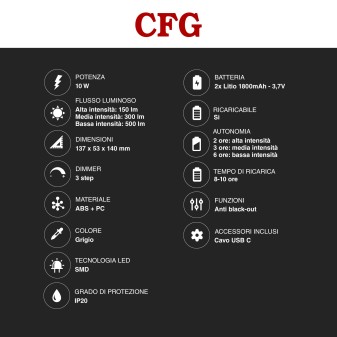 CFG Lampada LED Portatile con Luce di Emergenza 10W SMD
