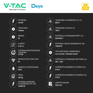 V-Tac Deye Inverter Trifase Ibrido 10kW IP65 CEI 0-21 SKU 12307
