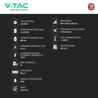 VT-48280 Batteria LiFePO4 14.33KWh IP65 Fotovoltaico V-Tac