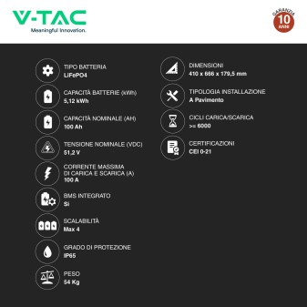VT-48100 Batteria LiFePO4 5.12KWh IP65 Fotovoltaico V-Tac