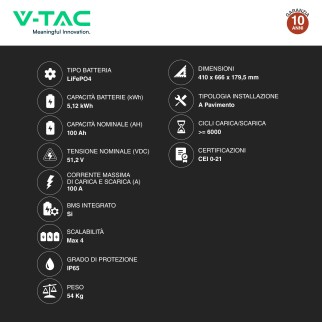VT-48100 Batteria LiFePO4 5.12KWh IP65 Fotovoltaico V-Tac
