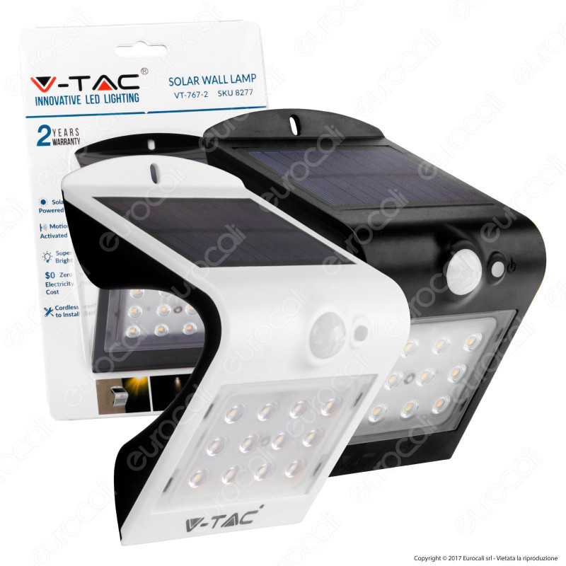 V-Tac VT-767-2 Lampada da Muro LED 1,5W con Pannello Solare e Sensore