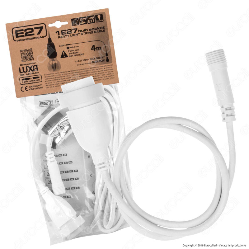Cavo Portalampada E27 con Connettore Maschio 2 Pin Colore Bianco IP44