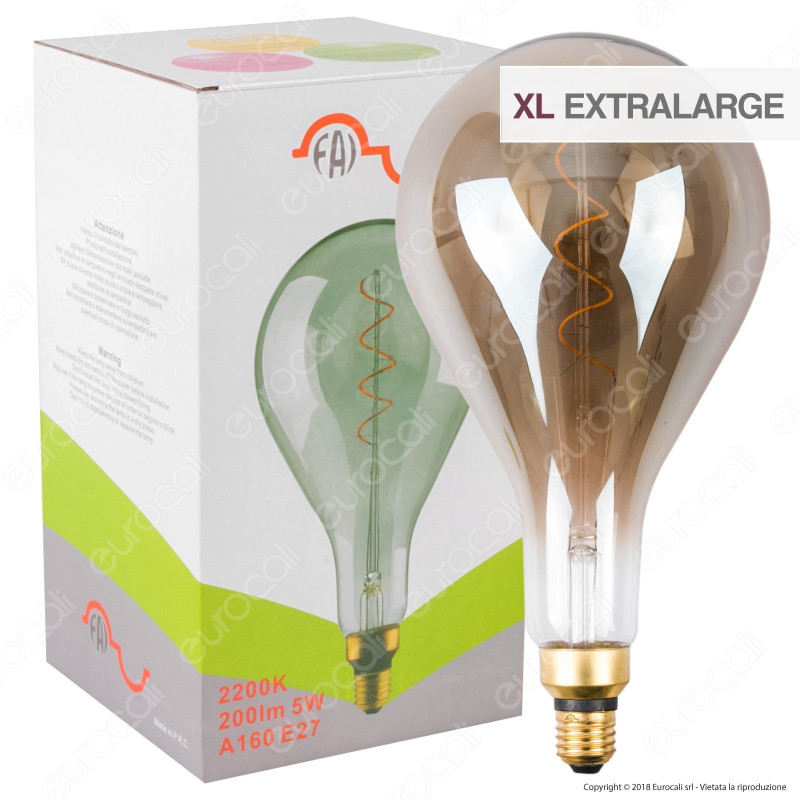 FAI Lampadina E27 Filamento LED a Spirale 5W Bulb A160 con Vetro