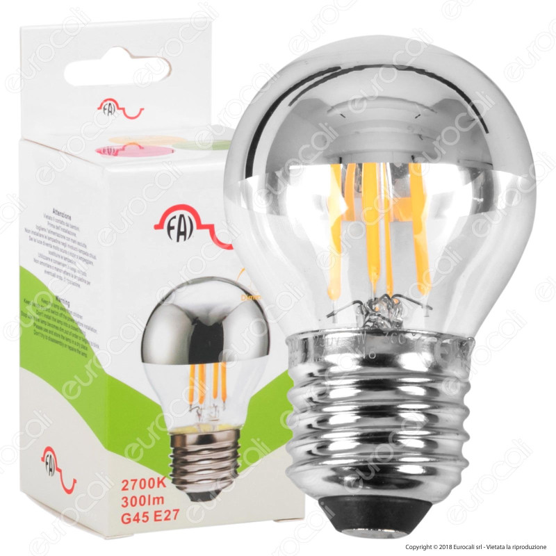 FAI Lampadina E27 Filamenti LED 4W MiniGlobo G45 con Calotta Cromata