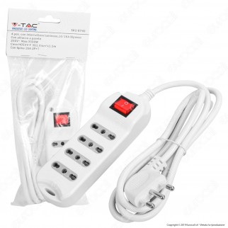 V-Tac Multipresa 4 Posti Colore Bianco con Interruttore Luminoso - SKU 8740