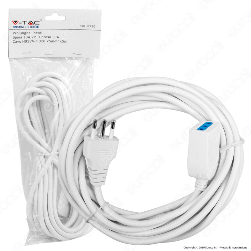 V-Tac Cavo Prolunga Spina e Presa Italiane 5 metri 10A Colore Bianco - SKU 8730