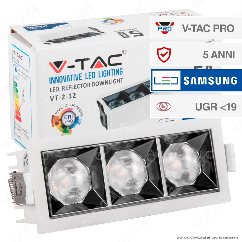 V-Tac PRO VT-2-12 Faretto LED SMD 12W da Incasso Rettangolare 12°