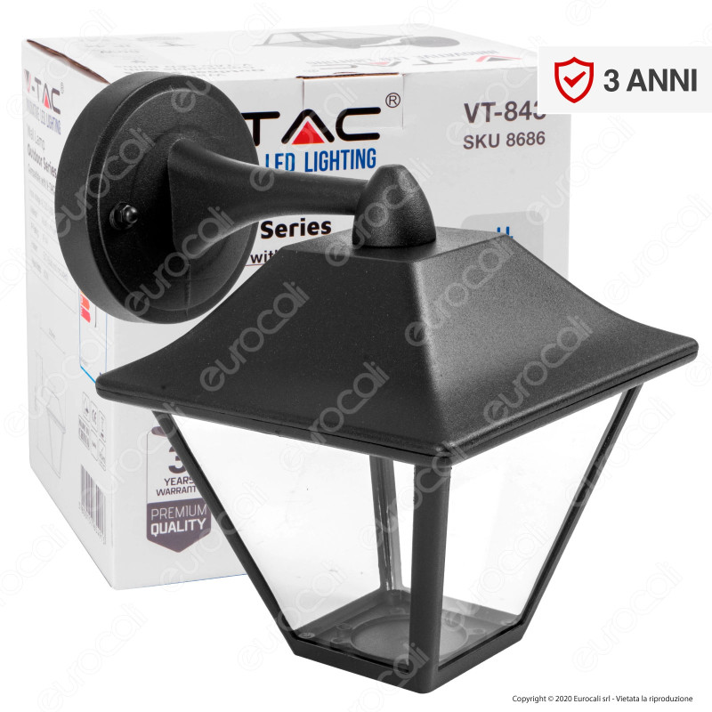 V-Tac VT-843 Portalampada da Giardino Wall Lamp Nero da Muro IP44 per