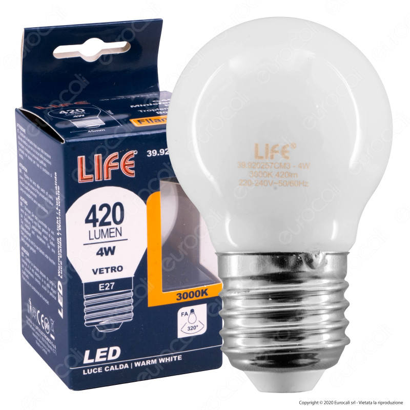 Life Lampadina LED E27 Filament 4W MiniGlobo G45 Milky Vetro - mod.