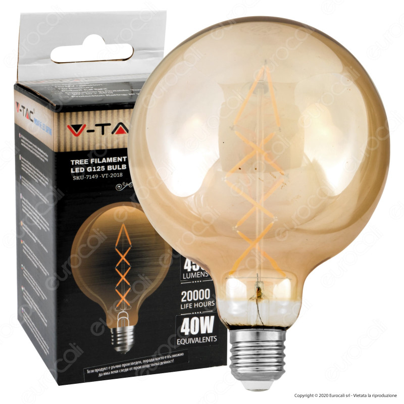 V-Tac VT-2018 Lampadina LED E27 7W Globo G125 Filamento Ambrata - SKU